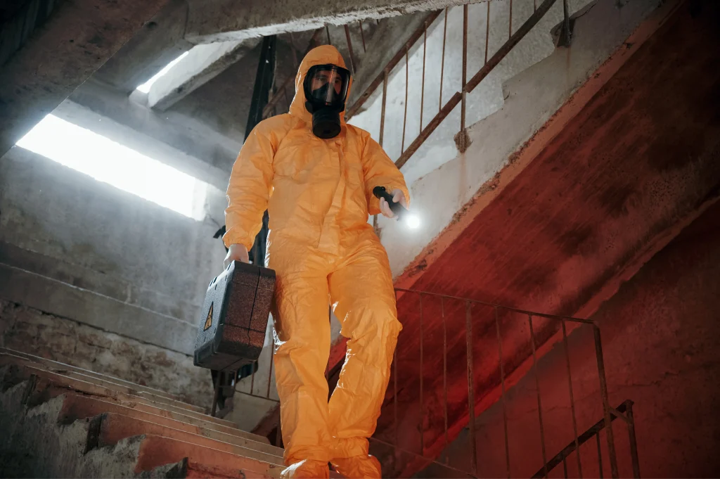 on the stairs man dressed in chemical protection suit in the ruins of the post apocalyptic building photo 1